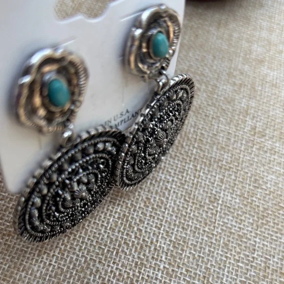 ICON Silver-Tone Filigree Drop Earrings with Turquoise Accents - Picture 3 of 5